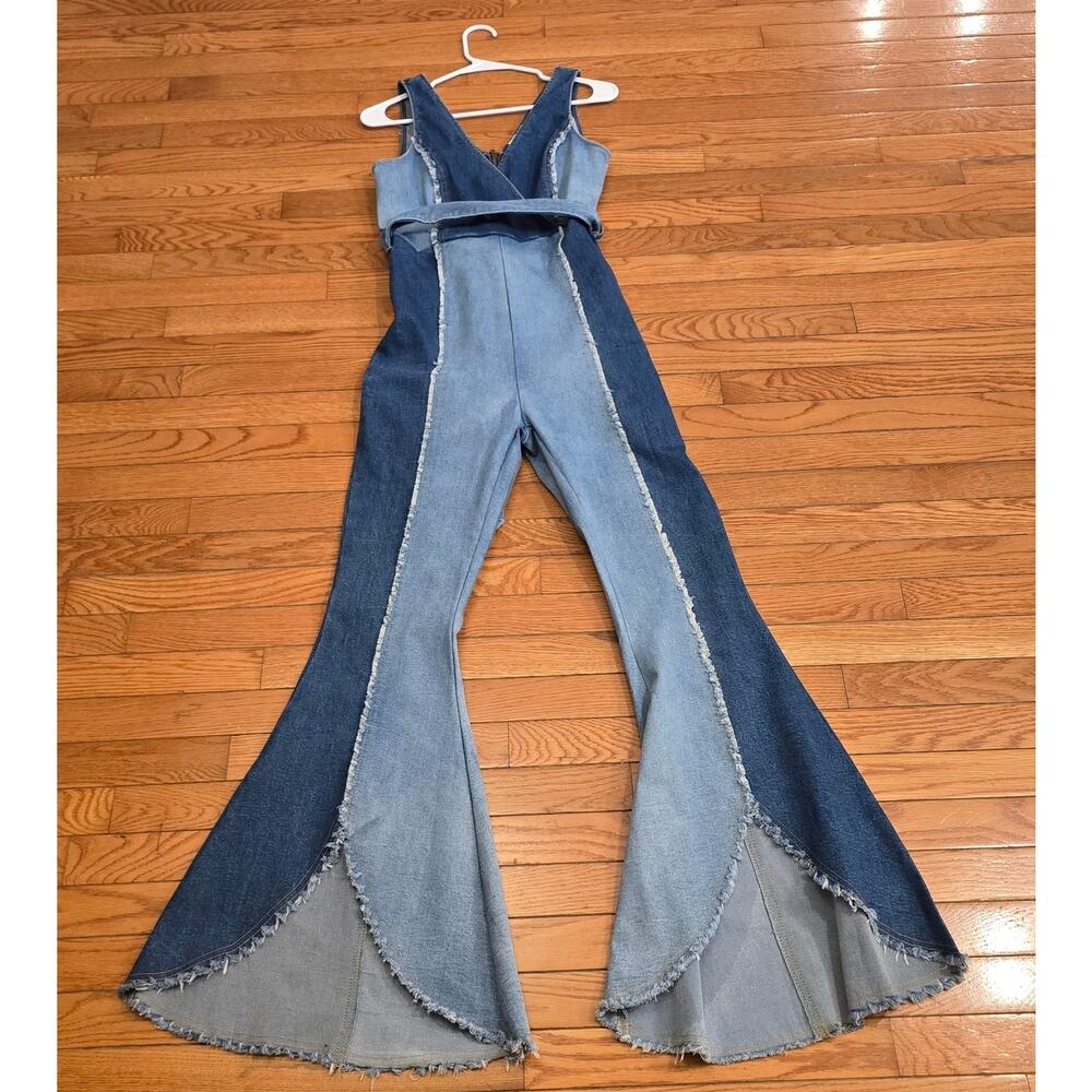 Peach Love California Jumpsuit denim patchwork, belted waist, bell-bottom Size M